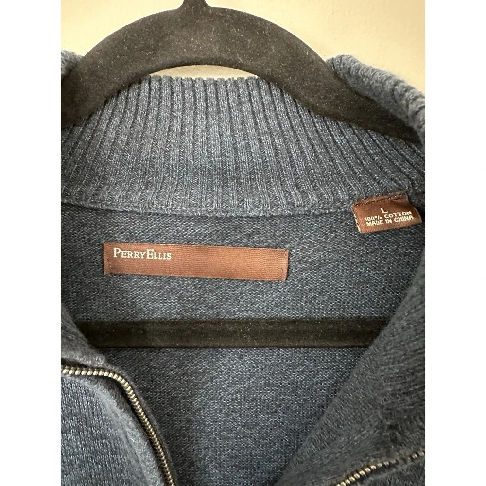 Perry Ellis Mens 1/4 Zip Sweater Knit Navy Blue Size Large‎ 100% Cotton Heritage